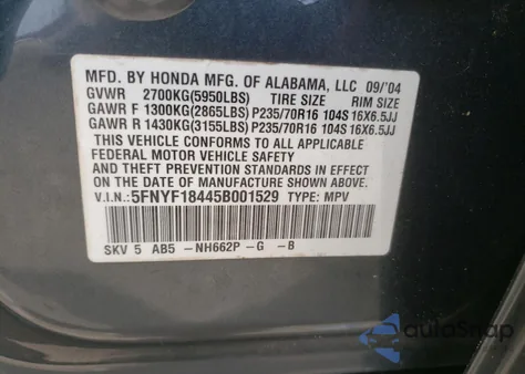 2005 Honda Pilot Ex из США, поврежденный, VIN 5FNYF18445B001529